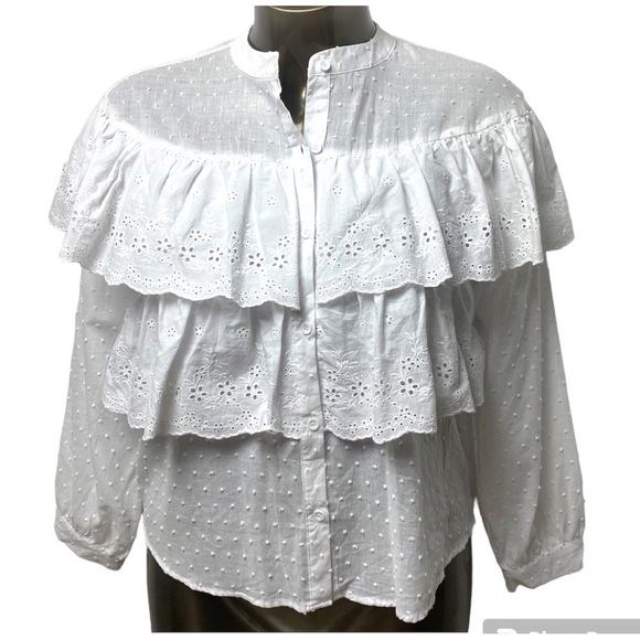 ALICE BLUE WHITE EYELET CREW NECK BUTTON DOWN LONG SLEEVE TOP BLOUSE SIZE LARGE - Picture 1 of 12
